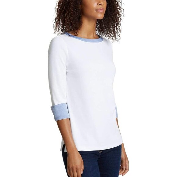 Nautica Cotton Top Womens XL Boat Neck Flip Cuff Chambray Trim 3/4 Sleeve White - Picture 12 of 13